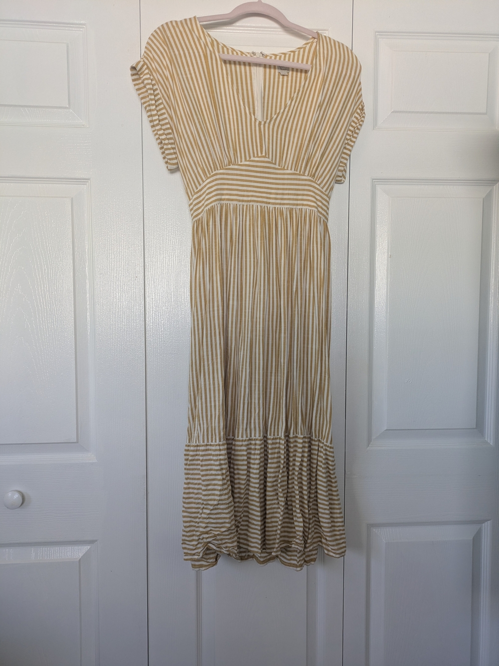 LOFT Beige and White Striped V-Neck Midi Dress